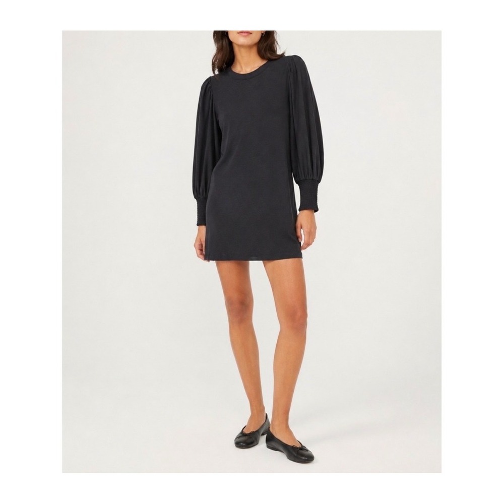Nation LTD Loren Mini Dress Womens Large Black Puff Sleeve Pima Cotton